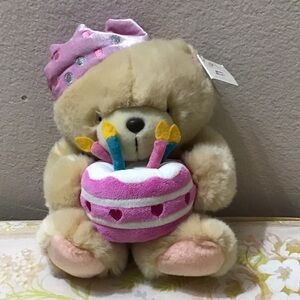 Plush Birthday Bear with Pink Cake and Hat - Soft Stuffed Toy